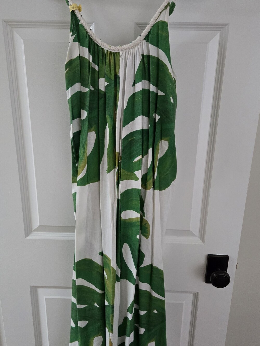 Farm Rio Monstera Leaf Maxi Dress XS Green White Rope Straps Boho Resortwear